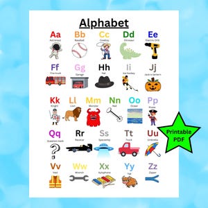 Póster con impresión artística de pared con el alfabeto para niños, educativo, para habitación infantil, dormitorio, escuela, guardería, sala de juegos, camiones, archivo PDF descargable e imprimible.