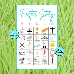Easter Bible Story Bingo 50 Cards Eggs Hunts Baskets Gifts Kids Activities Templates Design Printable Editable Customizable Canva PDF FILE