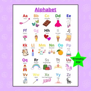 Póster con impresión artística de pared con el alfabeto para niñas, educativo, para habitación infantil, dormitorio, escuela, guardería, sala de juegos, archivo PDF descargable e imprimible.