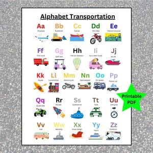 Póster con impresión artística de pared con el alfabeto de transporte, educativo, para habitación infantil, dormitorio, escuela, guardería, sala de juegos, camiones, archivo PDF imprimible