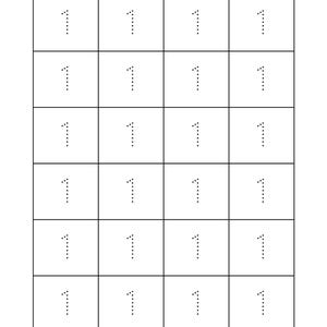 Può includere: Un foglio di lavoro con 24 contorni punteggiati del numero 1, disposti in una griglia di sei righe e quattro colonne.