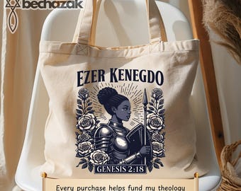 Ezer Kenegdo Tote Bag - Genesis 2 Christian Black Woman Warrior Art - Faith-Based Tote for Strong Women - BeChazak Theology Fundraiser