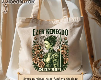 Ezer Kenegdo Tote Bag - Hispanic Christian Woman Warrior Art - Genesis 2 Tote - Strength & Scripture Tote - BeChazak Theology Support