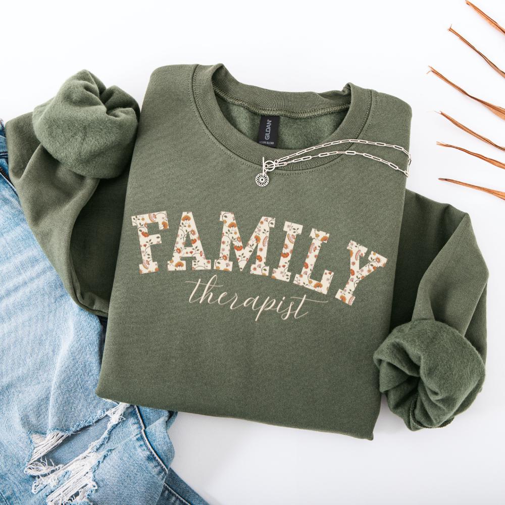 green family therapist sweatshirt with floral varsity letters family therapist gift