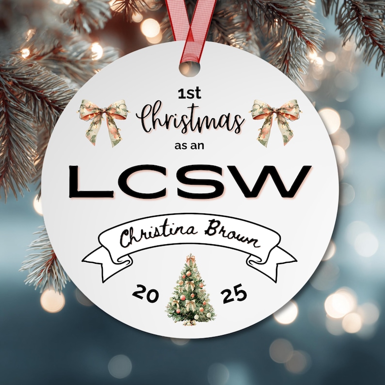 personalized LCSW christmas ornament licensed clinical social worker gift with classic watercolor imagery