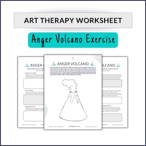 Pode incluir: Folha de trabalho de arteterapia intitulada "Exercício do Vulcão da Raiva". A imagem mostra três folhas de trabalho brancas com texto e ilustrações. A folha de trabalho central apresenta um desenho de um vulcão. O banner superior diz "ART THERAPY WORKSHEET".