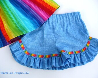 Girls Ruffle Shorts,Rainbow,Blue,Summer Shorts,Little Girl Shorts,Toddler Shorts,Size 12MO,18MO,2T,3T,4T,5,6,7,8