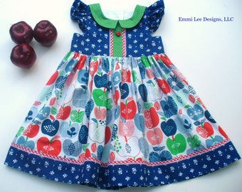 Apple Picking Back to School,Apples,Special Occasion,Little Girl Dress,Pepper Dress,Little Girl Dress,Green,Blue,18MO,2T,3T,4T,5T,6,7,8