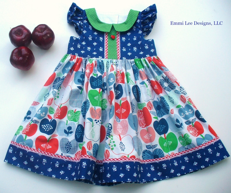 Apple Picking Back to School,Apples,Special Occasion,Little Girl Dress,Pepper Dress,Little Girl Dress,Green,Blue,18MO,2T,3T,4T,5T,6,7,8