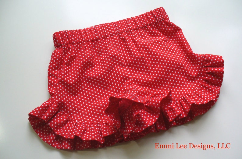 Girls Ruffle Shorts,Summer Shorts,Girls Fourth of July Shorts,Toddler Shorts,Red,Polka Dot,Toddler Shorts,Size 12MO,18MO,2T,3T,4T,5,6,7,8 image 1