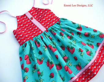 Girls Summer Dress,Strawberry Dress,Little Girls,Toddler Dress,Pink,Strawberries,Red,Picnics,Turquoise,Sizes 12MO,18MO,2T,3T,4T,5T,6,7,8,10
