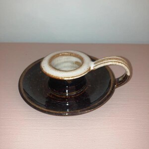 Vintage Studio Pottery Chamberstick | Brown Glaze Ceramic Candle Holder w Handle