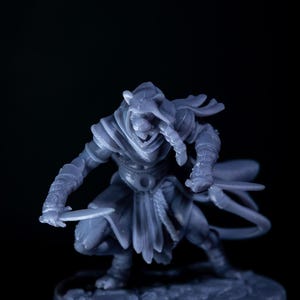 May include: A gray miniature figure of a hooded warrior, holding two blades in a combat stance. The figure is detailed with armor and a flowing cloak, set against a dark background. The miniature is on a round base.