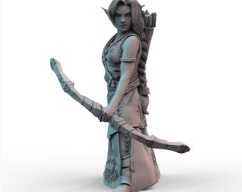 May include: A gray figurine of an archer with long hair, pointed ears, and a bow and arrow. The archer is wearing a detailed tunic and has a quiver of arrows on their back. The bow is intricately designed.