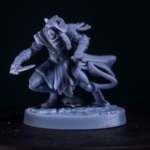 May include: A gray miniature figure of a hooded warrior in a dynamic pose, holding two small blades. The figure is detailed with armor and flowing fabric, set on a circular base. The background is dark.