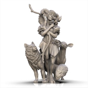 May include: A detailed sculpture of a figure with horns, wings, and a flowing dress, holding a small animal. A wolf and a deer stand beside the figure. The sculpture is a neutral color, with intricate details.