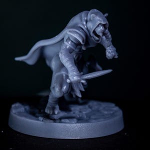 May include: A gray miniature figurine of a hooded figure in a dynamic pose, holding a dagger. The figure is wearing armor and a cloak, with a detailed design. The figurine is on a circular base, set against a dark background.