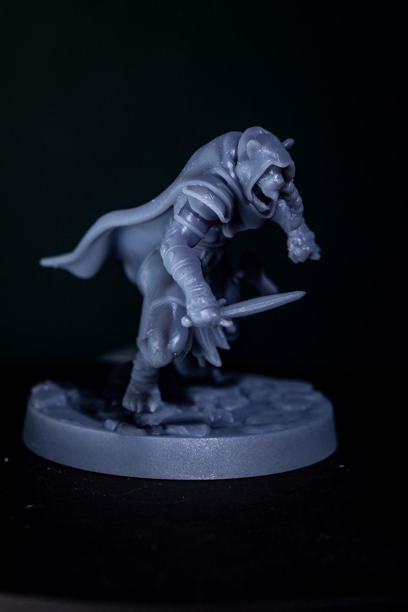 May include: A gray miniature figurine of a hooded figure in a dynamic pose, holding a dagger. The figure is wearing armor and a cloak, with a detailed design. The figurine is on a circular base, set against a dark background.