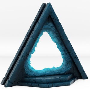 May include: A dark blue, triangular sculpture with a central opening. The sculpture has a textured, cracked surface and a glowing blue interior. The base features a stepped design. The overall aesthetic suggests a fantasy or sci-fi theme.
