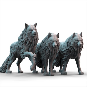 May include: Three gray wolf figurines in a row, each with detailed fur and a realistic pose. The wolf on the left is mid-stride, while the others stand with a watchful gaze. The sculptures are on a white background.