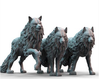 May include: Three grey wolf figurines, each with detailed fur and a realistic pose. The wolf on the left is mid-stride, while the others stand with a watchful gaze. The sculptures are on a white background.