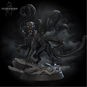 May include: A black panther-like creature with multiple serpentine tails and glowing eyes, posed on a rocky base. The sculpture has a menacing expression and is set against a dark, cloudy background. The text "STORMBORN COLLECTIBLES" is in the upper left corner.