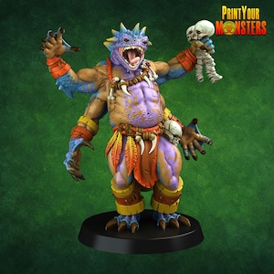 Lizardfolk Barbarian Miniature | Print Your Monsters | 4-Armed Jungle Brute Boss | Resin DnD Miniature | Unpainted 3D Printed Monster