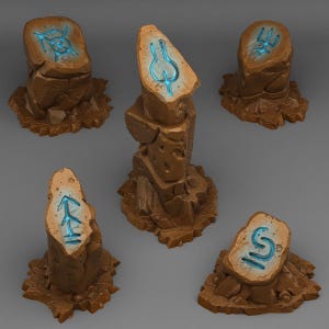 May include: Five brown stone sculptures with glowing blue symbols carved into their surfaces. The stones are of varying heights and shapes, each resting on a rocky base. The symbols appear to be runes or other ancient markings.