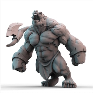 May include: A gray, muscular fantasy creature figurine with an open mouth, bared teeth, and a weapon. The figure has a humanoid form with exaggerated muscles, armor-like details, and a menacing expression. The creature is posed in a dynamic stance.