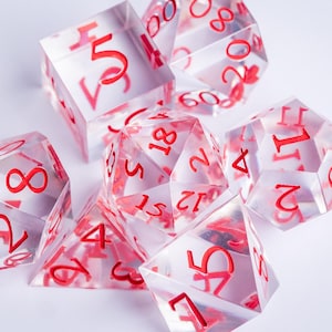 Bloodglass – Clear Sharp Edge Dice Set with Red Numbers – TTRPG Dice for DnD and Pathfinder – Handmade Resin Dice
