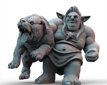 May include: A gray figurine of a muscular female troll with long hair, holding a large, snarling dog. The troll wears a simple outfit and a skull necklace. The dog has its mouth open, showing its tongue.