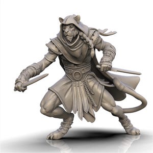May include: A detailed, gray figurine of a humanoid cat-like creature in a dynamic pose, holding two daggers. The figure wears a hooded cloak, armor, and a belt with a circular buckle. The creature has a long tail and is ready for action.