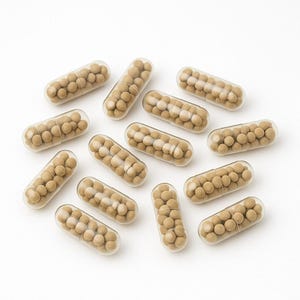 Può includere: Un gruppo di 15 capsule trasparenti riempite con piccole palline di colore marrone chiaro. Le capsule sono disposte a semicerchio su uno sfondo bianco.