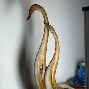 Vintage Hand-Carved Wooden Swan Sculpture – Pair of Elegant Long-Necked Swans