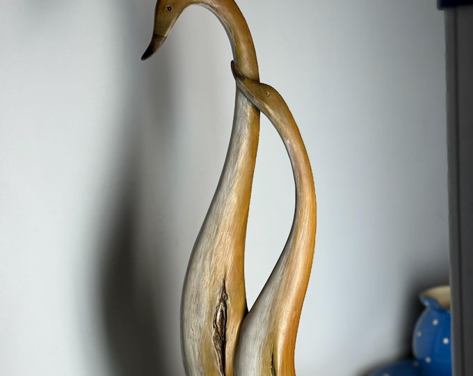 Vintage Hand-Carved Wooden Swan Sculpture – Pair of Elegant Long-Necked Swans
