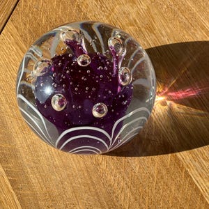 Very Large Art Glass Paperweight – Purple Bloom with Encased Bubbles – Handcrafted Studio Glass Orb – Gift for Art Lovers or Desk Decor