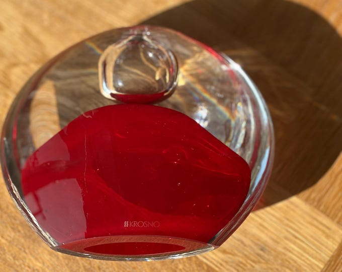Krosno Ruby Red & Clear Art Glass Vase – Hand-Blown Polish Modernist Design, Signed