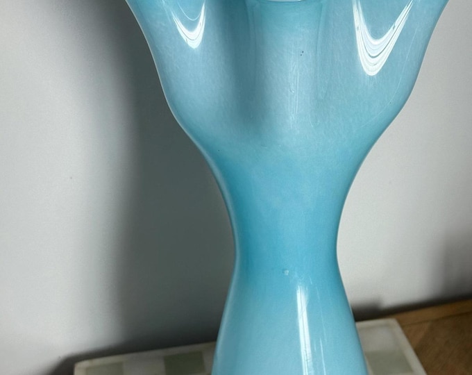 Large Vintage Turquoise Art Glass Handkerchief Vase MCM 17” Tall Fan Vase 1960s
