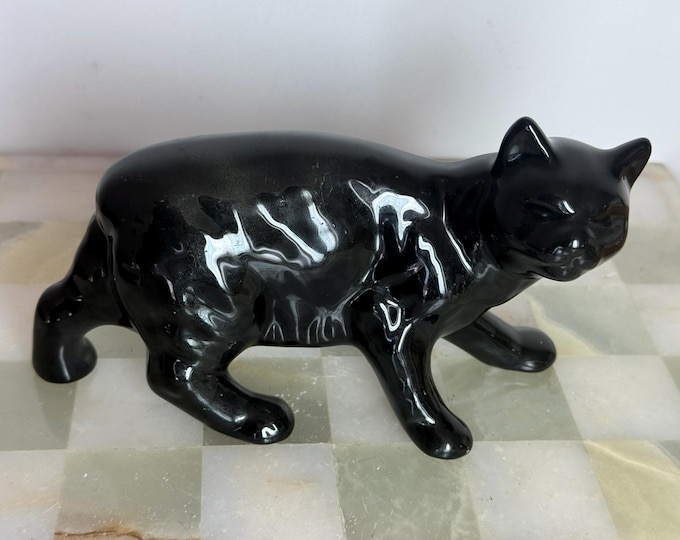 Vintage Black Ceramic Cat Figurine  Glossy Mid-Century Decor