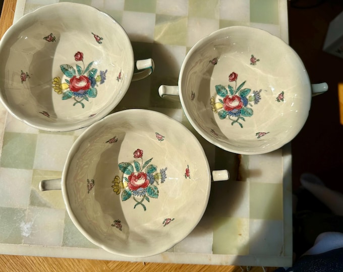 Vintage Royal Doulton “Lowestoft Bouquet” Handled Soup Bowls - Set of 3 - England D6023