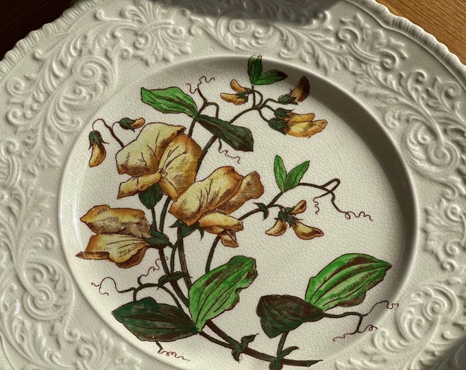 Antique Cauldon England Plate: Embossed Sweet Pea Floral Ironstone No. 8