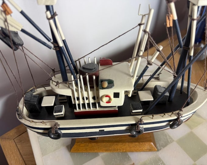 Vintage Wooden Shrimp Trawler Model Nautical Maritime Display Boat with Rigging