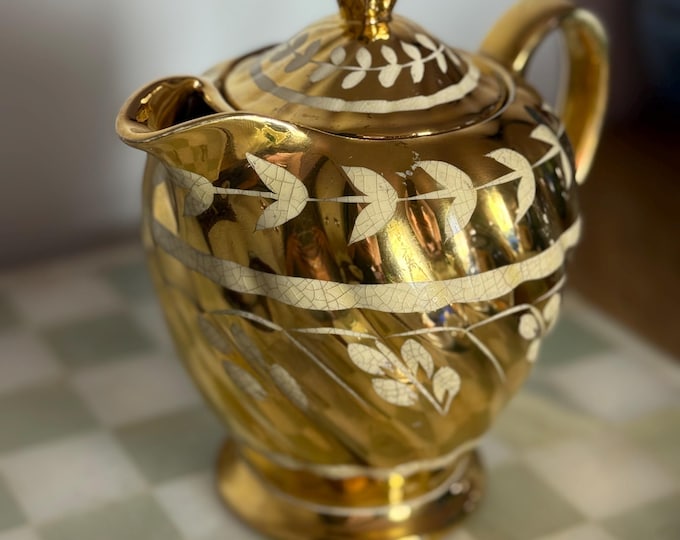 Vintage Zeltex 1601 Gold Lustre Jug / Teapot | White Vine Leaf Gilded England Pottery | 1930s–50s