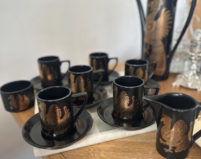 Vintage Portmeirion ‘Phoenix’ Coffee Set – Black & Gold 1960s Design (Complete 15-Piece Set)