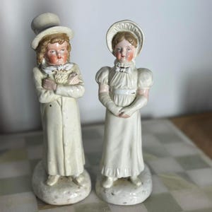 Pair of Antique Staffordshire Flatback Figures – Victorian Boy & Girl in White