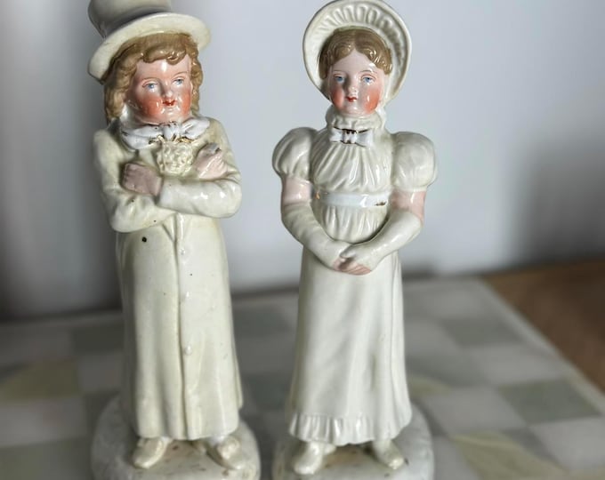 Pair of Antique Staffordshire Flatback Figures – Victorian Boy & Girl in White