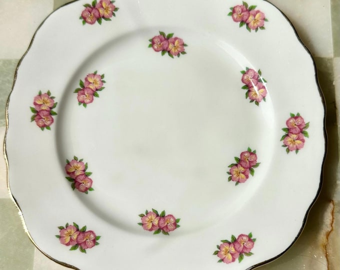 Vintage English Bone China Dessert Plate with Pink Floral Design c.50s-60s