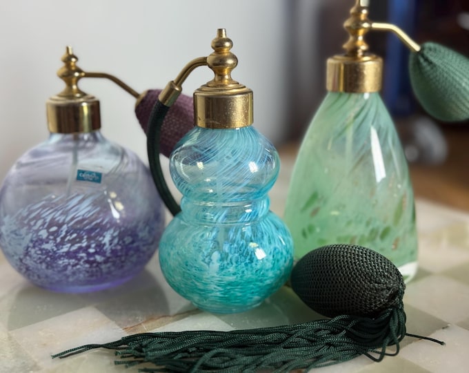 Vintage Caithness Art Glass Perfume Atomiser Set: Scottish Brass Vanity Decor