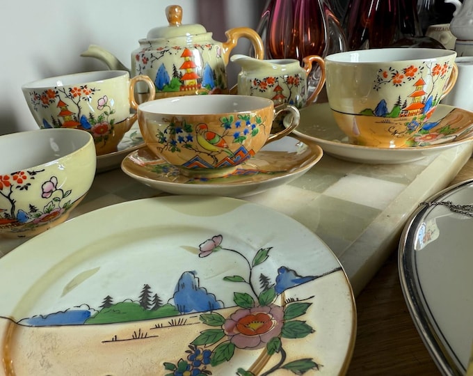 Vintage Hand Painted Oriental-Style Tea Set “FOREIGN” Marked, 1920s Lustreware