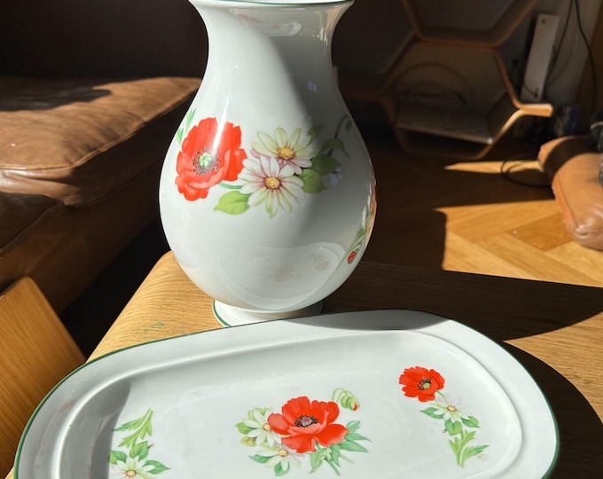 Vintage Royal Worcester Fine Porcelain Vase and Serving Platter Set — Poppy & Daisy Floral Design, 1951, Made in England